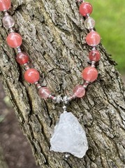 Natural Quartz Pendant Necklace ~ Watermelon Quartz Accents , Silver Tones, 19”