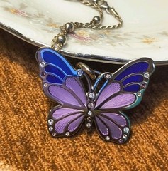 Silver Plated Purple Pink Enamel Butterfly Necklace Rope Chain Vtg Style