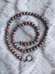 Vintage Handmade Jasper Unakite Sterling Silver Ball Bead Toggle Clasp Necklace