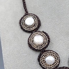 Artisan Real pearl Beaded Bib Necklace on Felt No Metal 20″