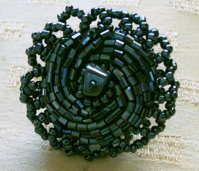 Handmade Stretch Black Seed Beaded Dome Style Cocktail Ring Fits All