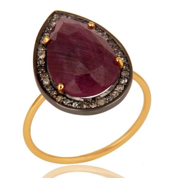 Natural Ruby Gemstone Pave Diamond 14K Yellow Gold Stackable Ring Jewelry