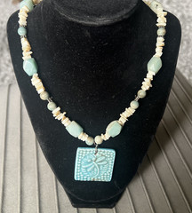 Artisan Beaded Necklace Blue Dragonfly Ceramic Tile Pendant Blue Stones & Shells