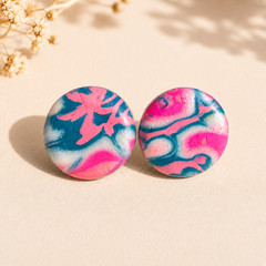 Handmade Pink Teal Floral Polymer Clay Stud Earrings Lightweight Gift for Her