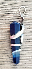 Sterling Silver Pendant of Dolphin pair clutching blue banded Agate crystal