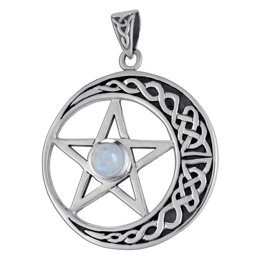 Sterling Silver Celtic Moon Pentacle Pendant with Rainbow Moonstone