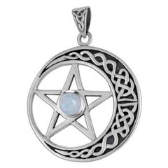Sterling Silver Celtic Moon Pentacle Pendant with Rainbow Moonstone