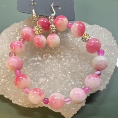 Pink White Jade Bead Bracelet Earrings Jewelry Set