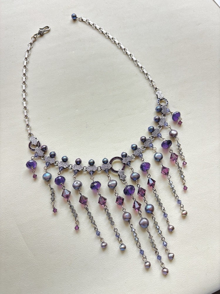 Artisan Amethyst Freshwater Pearl Crystal Bib Statement Necklace 17.5”