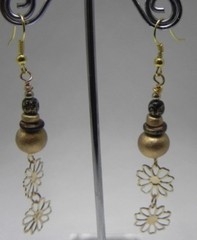 Gold Blue Brown Wooden Beads Flowers Bohemian G.T. 3 1/4″ DROP Hook Earrings