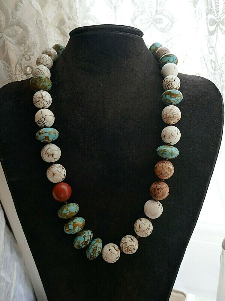 25″ Knotted Continuous Strand Magnesite Turquoise, Orange, White, Round & Disc