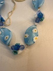 Murano Glass Beaded Necklace Blue Floral Millefiori Italy Statement (Z5)