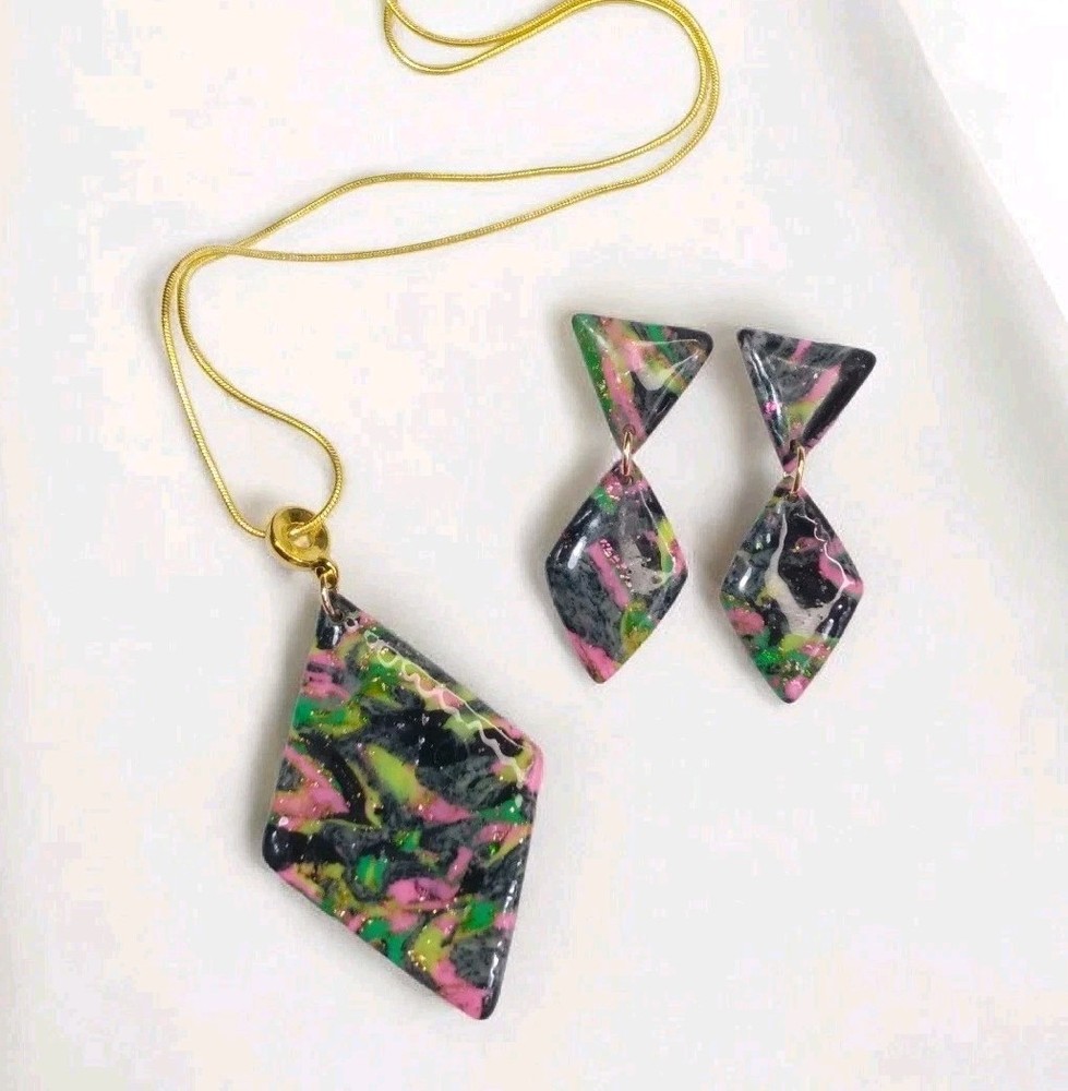Handcrafted Earring Chain Necklace Set Polymer Clay Black Neon Pink Green Yellow