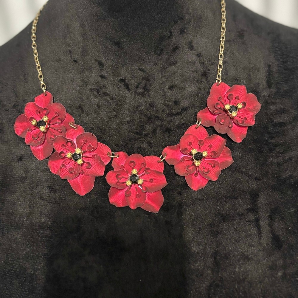 Bold Red Layered Flower Statement Necklace Gold Chain Glam Floral Jewelry