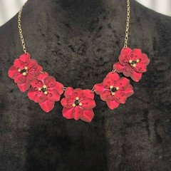 Bold Red Layered Flower Statement Necklace Gold Chain Glam Floral Jewelry