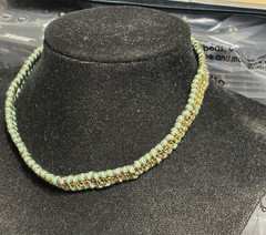 Artisan CHOKER Necklace TURQUOISE Woven Lattice Cord GOLD METAL Stone SETTING