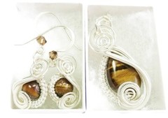 Golden Tiger Eye & Swarovski Crystal Earrings/Necklace Set in Sterling Silver