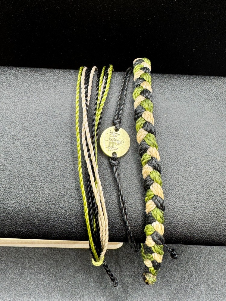Pura Vida Gold Tree Logo Charm Black Green Cream Braided Cord Bracelet Stack