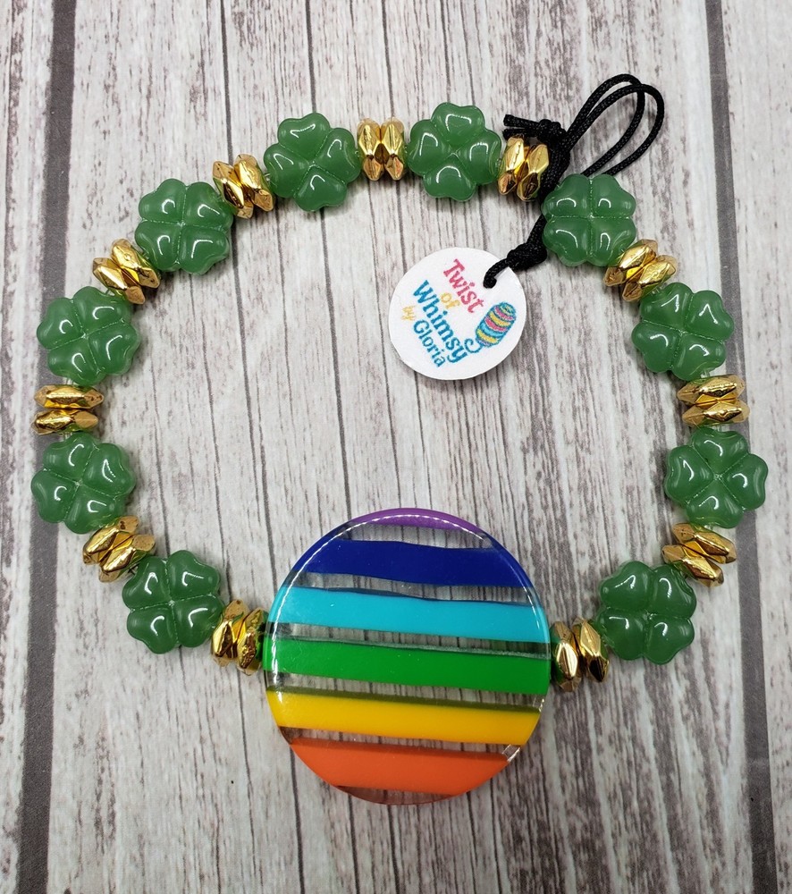 Unique Handmade St. Patrick’s Day Bracelet w/Glass Clover Beads & Rainbow Focal