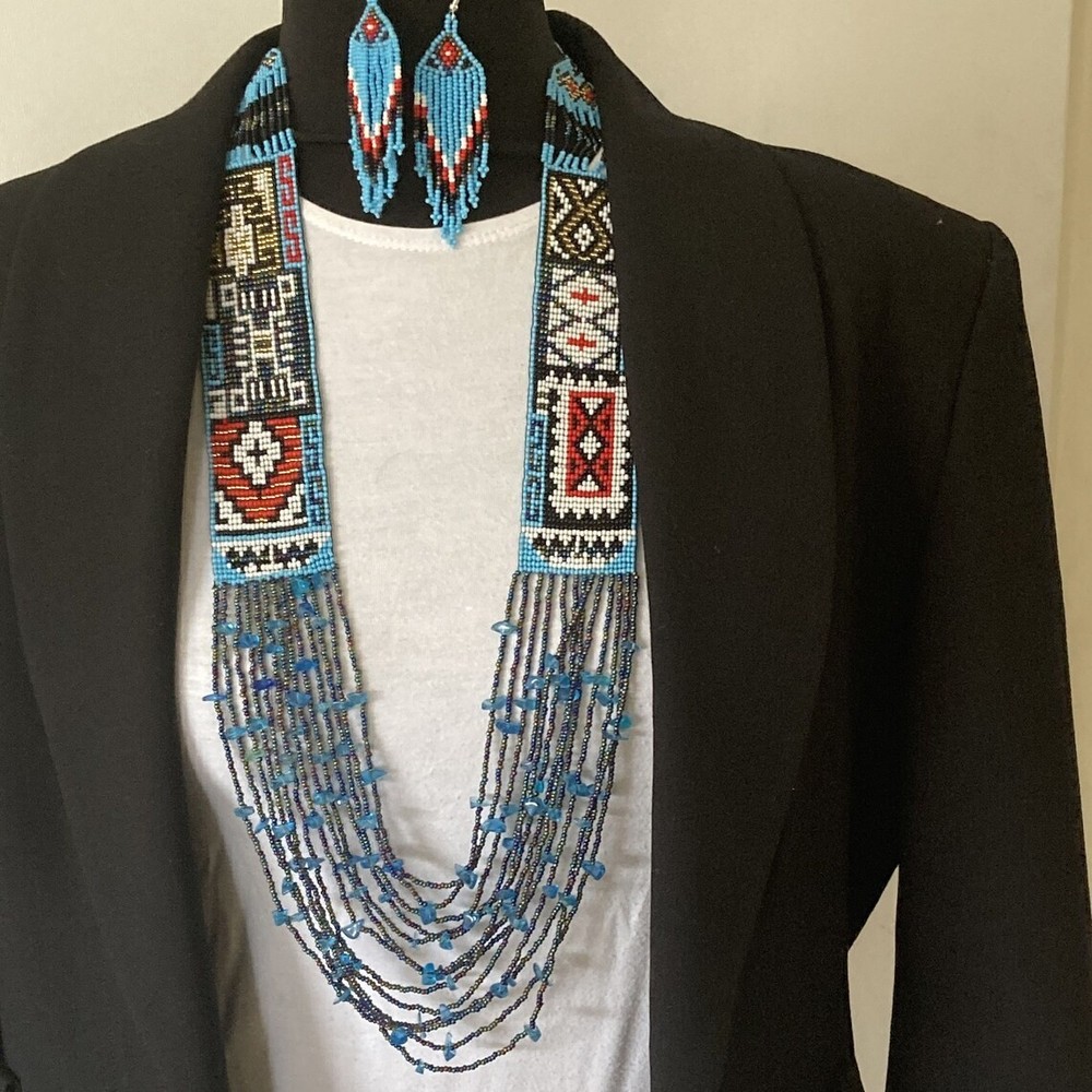Handmade Necklace Seed Bead Boho American Style Nativ Beaded Multi Strand