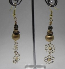 Gold Blue Brown Wooden Beads Flowers Bohemian G.T. 3 1/4″ DROP Hook Earrings