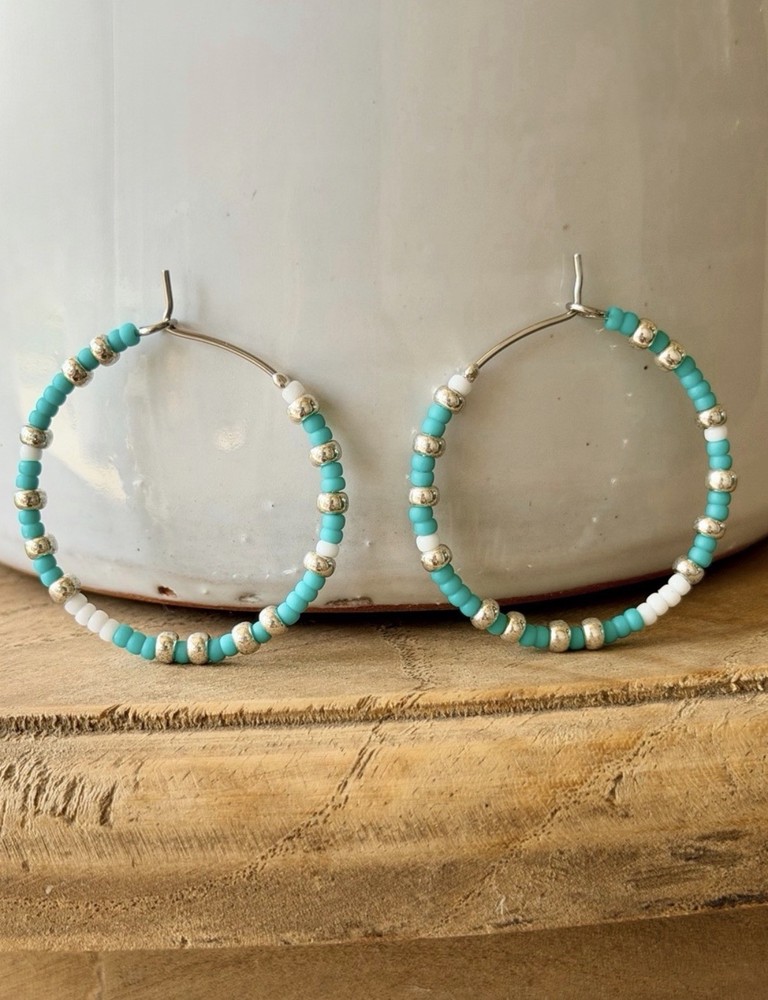 Turquoise and Silver Bead Hoop Earrings