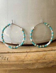 Turquoise and Silver Bead Hoop Earrings