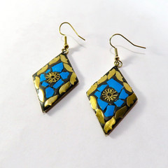 Tibetan Inlaid Dangle Earrings Blue Brass Ethnic Tribal Handcrafted Thailand