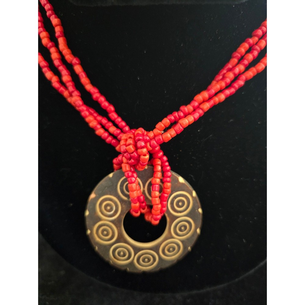 Triple Strand Red Coral Seed Bead Necklace Etched Circle Horn Pendant Boho Beach