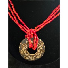 Triple Strand Red Coral Seed Bead Necklace Etched Circle Horn Pendant Boho Beach