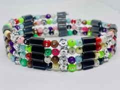 Magnetic Hematite Colorful Art Beads Tiny Crystals Flowers Wrap Bracelet 32”