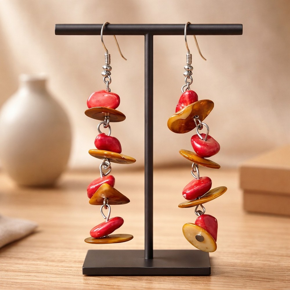 2″ Handmade Triple-tear Dangle Earrings W/Red Coral /Tagua Nut Beads