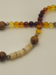 Handmade Amber Beaded Necklace with Shell, Sandalwood and Yellow Turquoise
