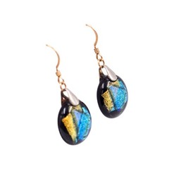 14K Yellow Gold Filled Dichroic Art Glass Dangle Earrings 1 1/2 Inch Artisan Dro