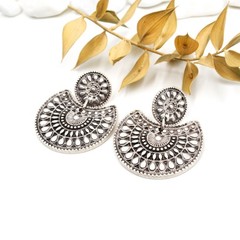 Boho Antique Silver Fan Dangle Stud Earrings Sunburst Cutout Ethnic Jewelry