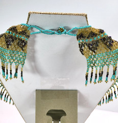 Hand Beaded Collar Bib Necklace Glass Beads Turquoise Blue Golden Browns