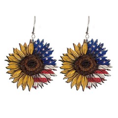 American Flag Sunflower Drop Wood Earrings