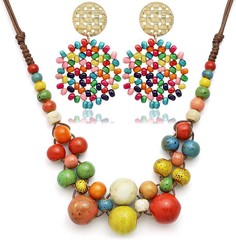 2Pcs Hippie Boho Colorful Ceramic Beaded Necklace and Earrings Set for Women