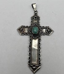 950 Sterling Silver Oxidized & Turquoise Cross Pendant (4.7g)