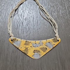 Handcrafted Triangle Pendant Necklace Yellow Silver Cord Metal Art Jewelry