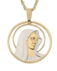 Virgin Mary Religious Pendant, Hand Cut Religious Metal 7/8″ Diameter, ( # 527 )