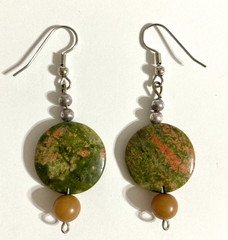 Unakite Natural Stone Beaded Earrings Round Drop Dangle Fish Hook Boho Earth Art