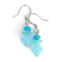 Small Light Blue Czech Glass Bead Drop Earrings, Handmade with Vintage Beads