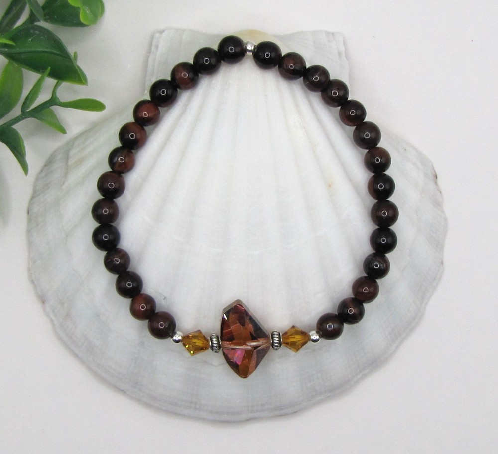 Red Tiger Eye & Crystal, Silver Plated Pewter, Sterling Bead Stretch Bracelet