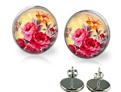 Flowers Floral Painting Glass Top Stud Earrings Handcrafted Photo Jewelry