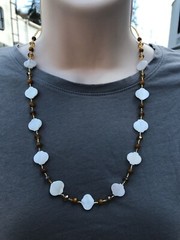 Necklace White and Brown Mother of Pearl Shell and Champagne Yellow Glass Beads