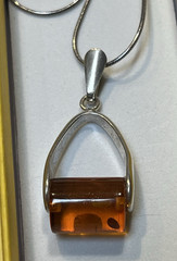 Vintage Sterling Silver Mex V-Shape Holder of Roller Shaped Amber Stone Necklace