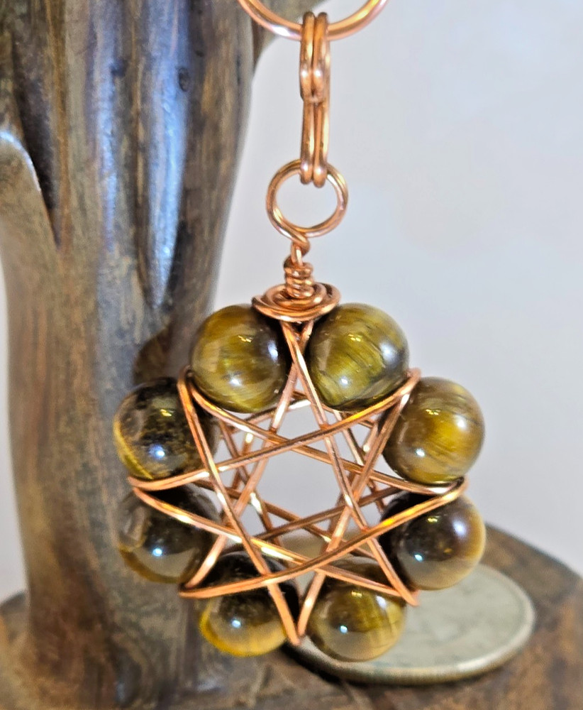 Copper Wire Wrapped 8-Point Star Pendant with 8mm Tiger’s Eye Gemstone Beads
