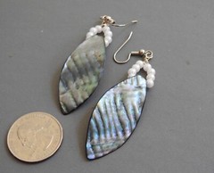 long MOTHER OF PEARL ABALONE pierced earrings w/faux pearls dangle