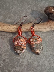 UNIQUE EARTHY LEOPARD JASPER STONE BEADS/AMBER COPPER WIRE EARRINGS